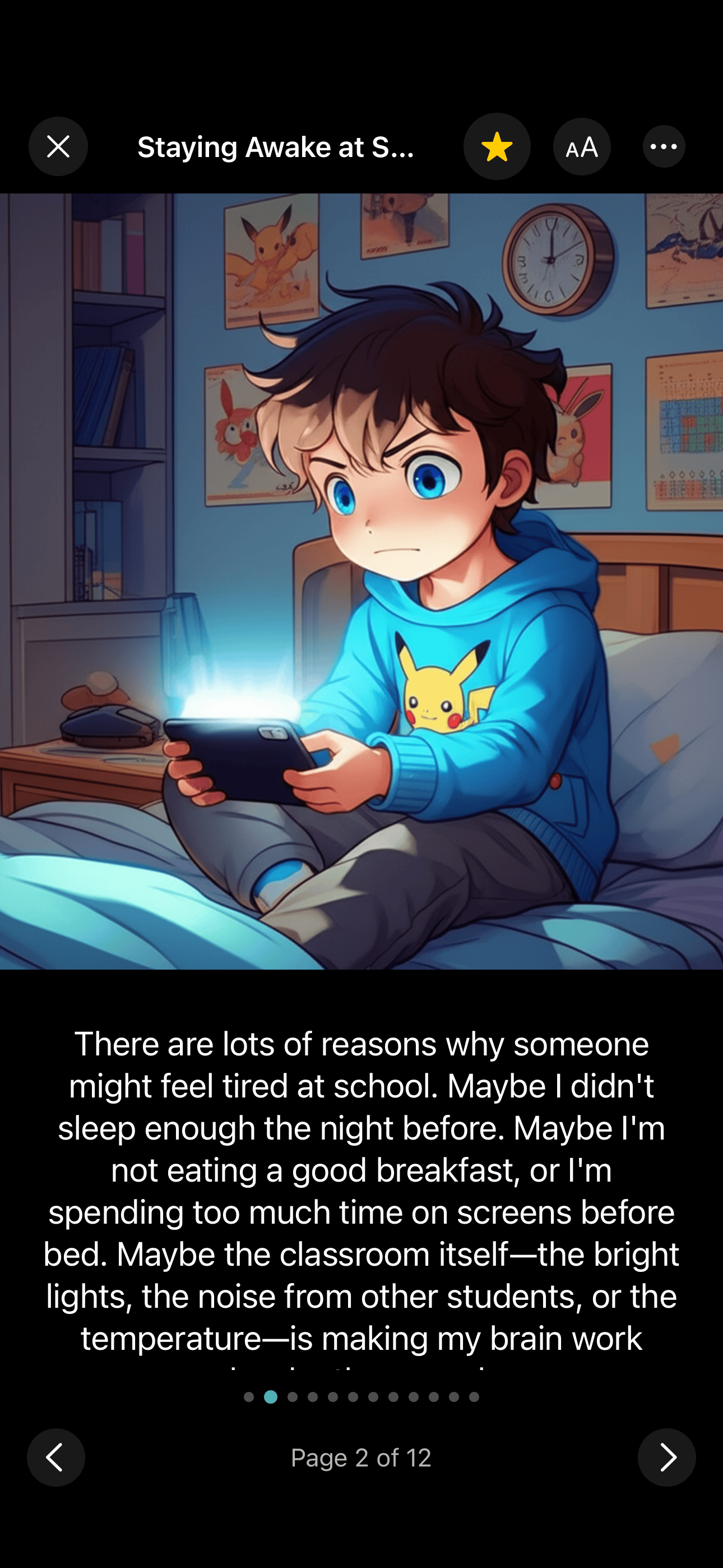 A personalized illustrated story page showing a child character in a colorful scene with accompanying text